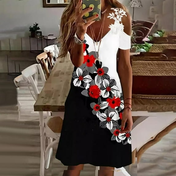 Kayannuo Dresses For Women 2023 Christmas Sun Dresses Women Summer Casual Women Casual Slimming Draw Back Printed Short Sleeves V-Neck Lace Cold Shoulder Dress Red