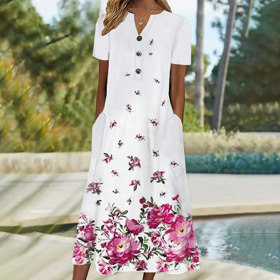 Kayannuo Dresses For Women 2023 Christmas Sun Dresses Women Summer Casual Fashion Women Summer Printing Causal V-Neck Button Short Sleeve Vacation Pockets Dress Hot Pink
