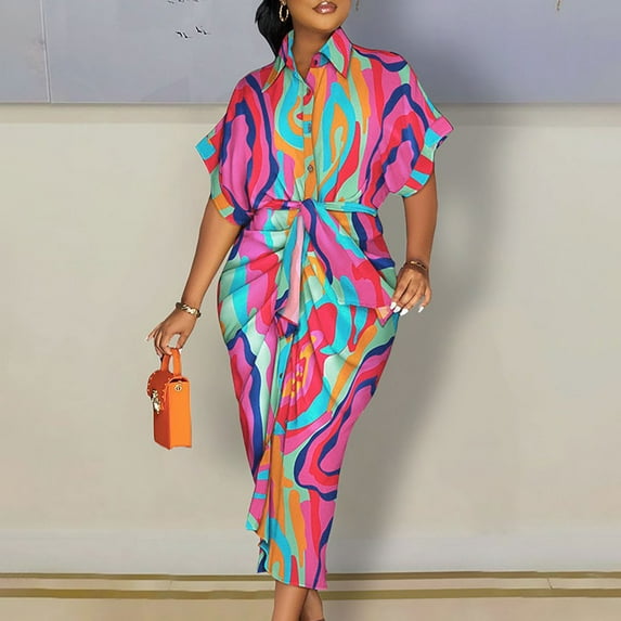 Kayannuo Dresses For Women 2023 Christmas Sun Dresses Women Summer Casual Women Fashion Casual Buttons V-Neck Bandage Printing Shirt Short Sleeve Turndown Collar Mid-Calf Dresses Hot Pink