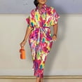 thumbnail image 1 of Kayannuo Dresses For Women 2023 Christmas Sun Dresses Women Summer Casual Women Fashion Casual Buttons V-Neck Bandage Printing Shirt Short Sleeve Turndown Collar Mid-Calf Dresses Yellow, 1 of 6