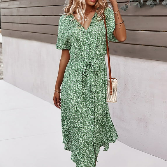 Kayannuo Dresses For Women 2023 Christmas Sun Dresses Women Summer Casual Women'S Summer Bohemian Print Short Sleeve Button Bandage Knee Length Dress Green