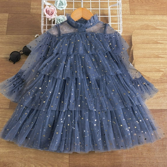 Kayannuo Easter Dresses for Girls Girls' Summer New Long Sleeve Round Neck Ruffled Lace Embroidery Mesh Princess Bow SkirtI2 Blue 3-4 Years