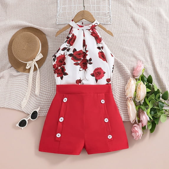 Kayannuo Easter Girl Clothes Girls' Casual Sleeveless Round Neck Strap Loose Botton Printed Short Pants Tank Top SetsI2 Red 9-10 Years