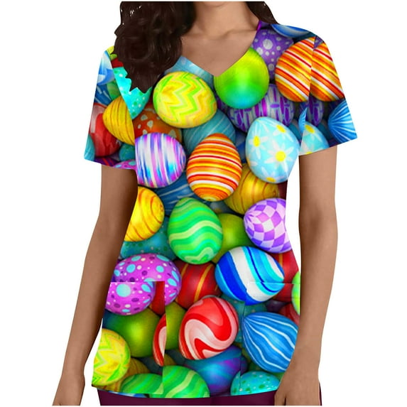 Kayannuo Easter Print Short Sleeve Scrubs for Women Women Casual Fashion Printed Short Sleeve V-neck Pocket Care Work Top Womens Fashion