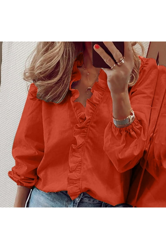 Fall Blouses for Women Long Sleeve V-Neck Plain Ruffle Trim Flounce Ruffle Trim Flounce Womens Tops Fashion Ladies Casual Full Sleeve Tops Loose Shirts Plus Size Ladies Clothing
