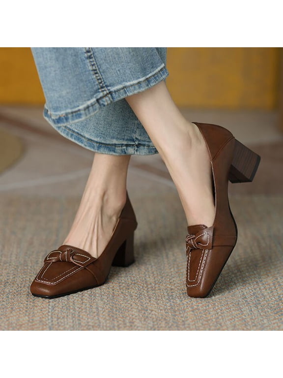 Fall Shoes for Women Loafers Women Shoes New Square Toe Thick Heeled Women's Shoes With A Bow And Shallow Cut Single Shoe