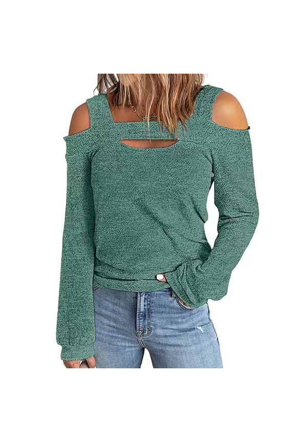 Fall Tops for Women Cold Shoulder Squard-Neck Plain Cut Out Front Womens Blouses Fashion versatile Miss Cusal Leaky Shoulder Lightweight Sweatshirts Solid Color Hedging Tops