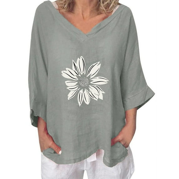Kayannuo Fall Womens Shirts Long Sleeve Print Floral Graphic V-Neck Long Sleeve Tops Women Casual Women's Fashion Printed T-shirt Cotton Hemp 3/4 Sleeves Blouse Round Neck Casual Tops