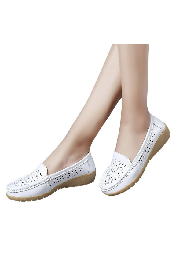 Fall Womens Shoes Loafers Women Shoes Women's Casual Single Shoe Cowhide Peas Mom Shoes Cowhide Soled Hollow Sloping Heel Shoes