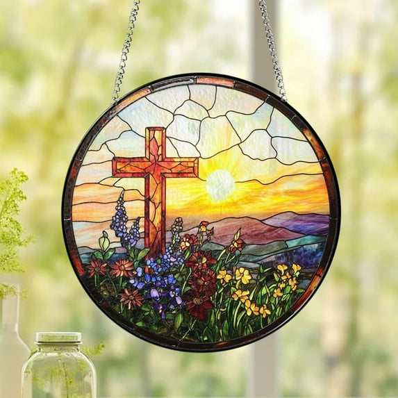 Kayannuo Flower Suncatcher Faux Stained Glass Window Hanging | Religious Bible Verse Wall Art | Christ Cross Decor for Home, Church & Gifts