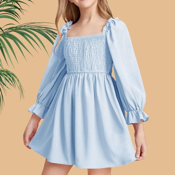 Kayannuo Girls Dresses Princess Dresses for Girls Squares Neck Lantern Sleeve Ruffled Big Swings Dress High Waist Lace Dress For Ages 3-10 Years Old