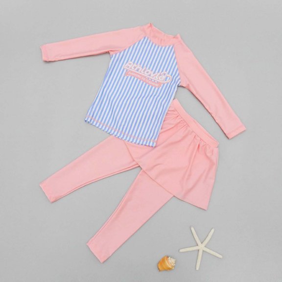 Kayannuo Girls Long Sleeve Rashguard UPF 50+ Girls Swimsuits Children's Swimsuit Printed Swimsuit Skirt Style Long Pants Surfing Split Set Sun Protection Swimwear (3-11 Years Pink)