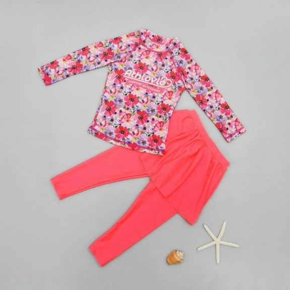 Kayannuo Girls Long Sleeve Rashguard UPF 50 kids Swimsuits Children's Swimsuit Printed Swimsuit Skirt Style Long Pants Surfing Split Set Sun Protection Swimwear (3-11 Years Red)