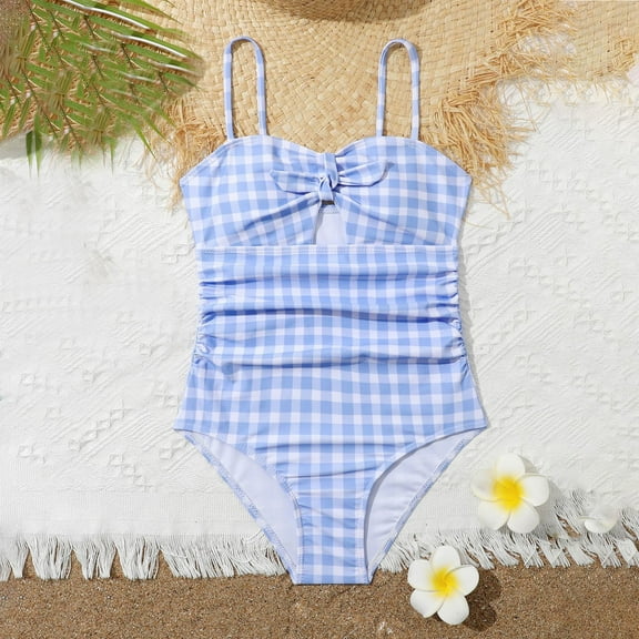 Kayannuo Girls One Piece Swimsuits Girls Swimsuits 6-12 Years Blue And White Checkered Striped Swimsuit Summer Beachwear Bikini Set Blue