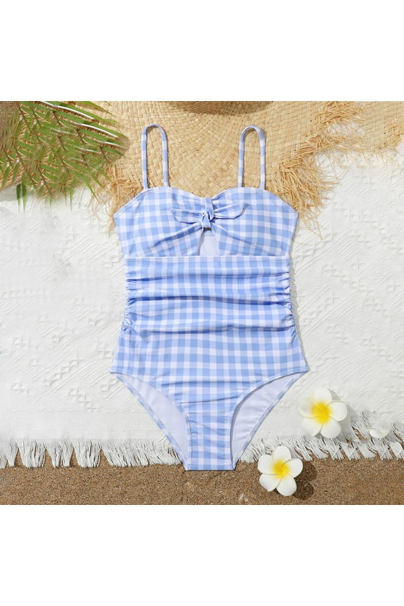 Girls One Piece Swimsuits Girls Swimsuits 6-12 Years Blue And White Checkered Striped Swimsuit Summer Beachwear Bikini Set Blue