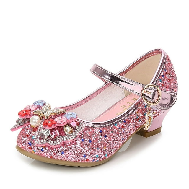 Kayannuo Girls Shoes Beginner Heels with Ankle Support Strap - 1.5 Block Heel Party Shoes for Tween Girls (Sparkling Sequined Design)