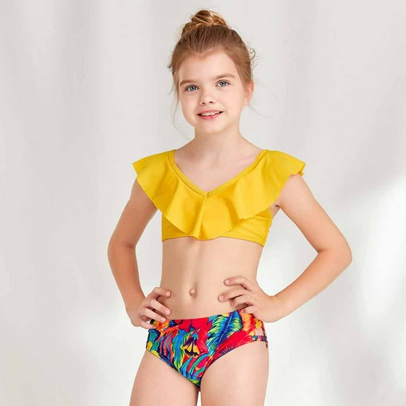 Kayannuo Girls Tankini Swimsuits for Girls Baby Girls Swimwear Children's Swimsuit Scollop Sleeveless Split Swimsuit Bikini Bathing Suit Swimming Set (8-14 Years Yellow)