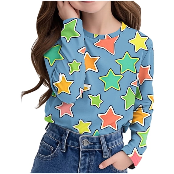 Kayannuo Gradient Shirts for Teen Girls Crew Neck Long Sleeve Shirt Star Print Color Block Tee Shirt Casual Trendy Pullover Top