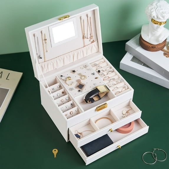 Kayannuo Jewelry Box With Lock And Mirror Jewelry Organizer Storage Case With 3-Layers Display For Earrings Bracelets Rings Watches