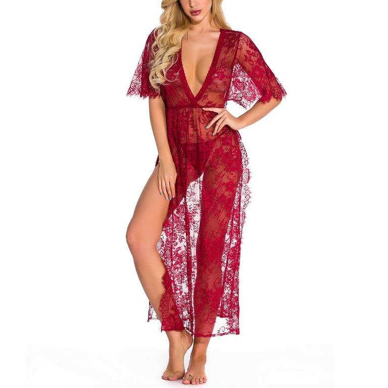 Sexy Long Dressing Women Night Gown Sheer Transparent Dress