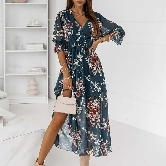 Kayannuo Long Dress for Woman Back to School Prom Dress Women's Fashion Bohemian V-Neck Loose Half Sleeve A-Line Print Floral Long Maxi Dress