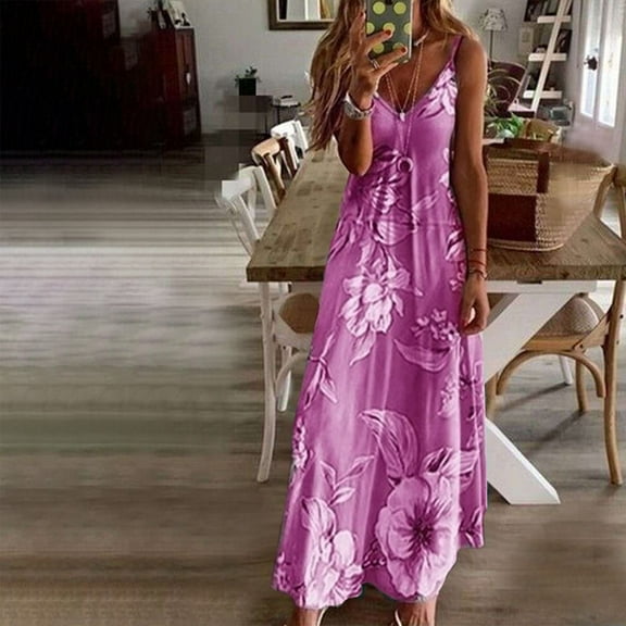 Kayannuo Long Dress for Woman Back to School Prom Dress Women Summer Casual Floral Printed Slimming Sling Party Long Dress