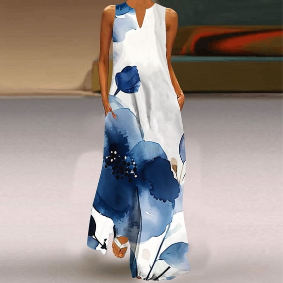 Kayannuo Long Dress for Woman Back to School Prom Dress Clearance Women's Summer Fashion Printed V-Neck Sleeveless Pullover Pocket Dress