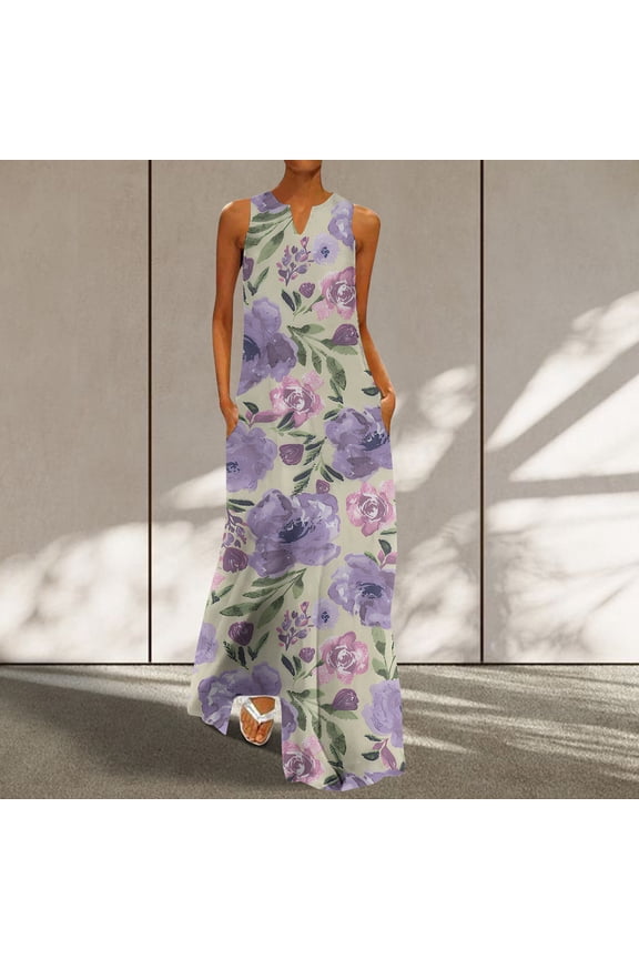 Long Dress for Woman Back to School Prom Dress Fashion Women Casual Summer Pockets Print Sleeveless V-neck Mid Calf Dress