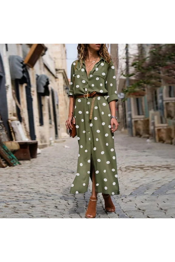 Long Dress for Woman Back to School Prom Dress Women Summer Dot Print Long Sleeve Button Long Dress Party Beach Dress