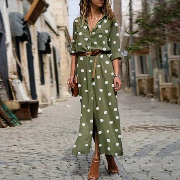 Kayannuo Long Dress for Woman Back to School Prom Dress Women Summer Dot Print Long Sleeve Button Long Dress Party Beach Dress