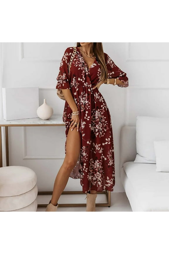 Long Dress for Woman Back to School Prom Dress Women's Fashion Bohemian V-Neck Loose Half Sleeve A-Line Print Floral Long Maxi Dress