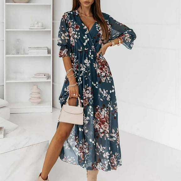 Kayannuo Long Dress for Woman Back to School Prom Dress Women's Fashion Bohemian V-Neck Loose Half Sleeve A-Line Print Floral Long Maxi Dress