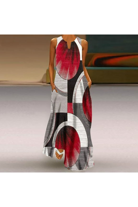 Long Dress for Woman Back to School Prom Dress Women's Summer Fashion Printed V-Neck Sleeveless Pullover Pocket Dress