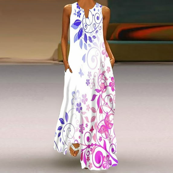 Kayannuo Long Dress for Woman Back to School Prom Dress Women's Summer Fashion Printed V-Neck Sleeveless Pullover Pocket Dress