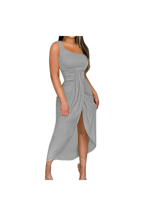 Long Dress for Woman Back to School Prom Dress Women's Summer Solid Strapless Long Dress Beach Split Dress Party Club Dress