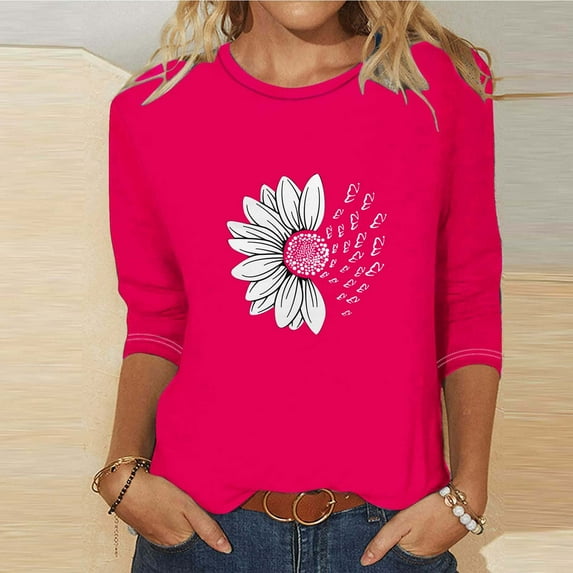 Kayannuo Long Sleeve Womens Tops Graphic Tees Women Women's Fashion Printed T-shirt 3/4 Sleeves Blouse Round Neck Casual Tops