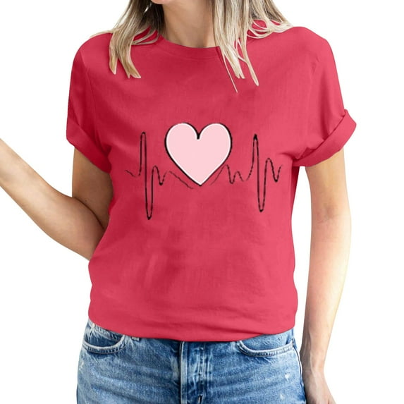 Kayannuo Love Heart Printed Tee Shirts for Women Valentine's Day Womens T Shirts Women's Love Printed Short Sleeved T-shirt Top Short Sleeved Round Neck Top/Shirt