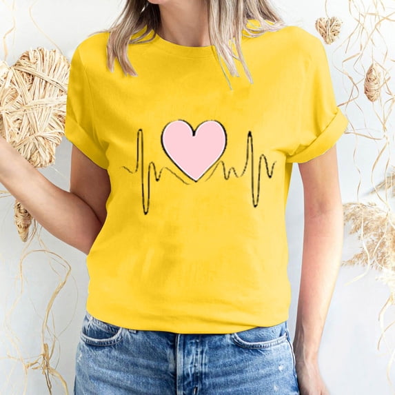 Kayannuo Love Heart Printed Tee Shirts for Women Valentine's Day Womens T Shirts Women's Love Printed Short Sleeved T-shirt Top Short Sleeved Round Neck Top/Shirt