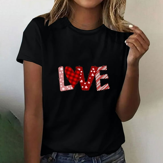 Kayannuo Love Heart Printed Womens Tees Valentine's Day T Shirts for Women Women's Printed Short Sleeved Round Neck T-shirt Tops