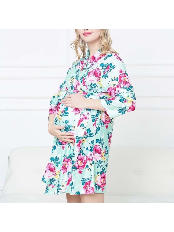 Maternity Shirts Long Sleeve Round Neck Print Maternity Clothes for Women Nursing Tops Robe And Matching Baby Set Labor Delivery Robe And Swaddle Set