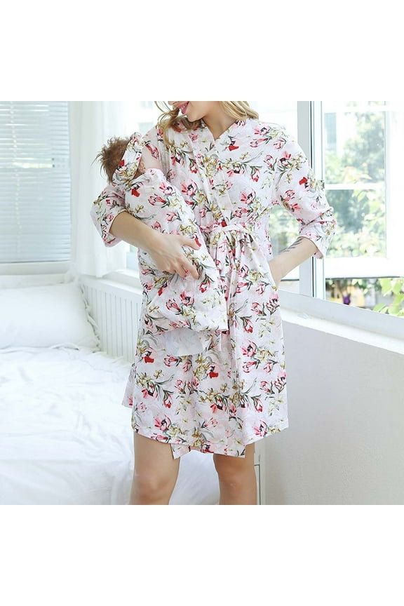 Maternity Shirts Long Sleeve Round Neck Print Maternity Clothes for Women Nursing Tops Robe And Matching Baby Set Labor Delivery Robe And Swaddle Set