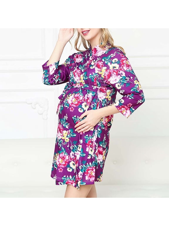 Maternity Shirts Long Sleeve Round Neck Print Maternity Clothes for Women Nursing Tops Robe And Matching Baby Set Labor Delivery Robe And Swaddle Set