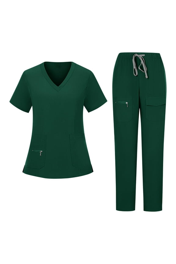 Nursing Uniforms Scrub for Women Women Solid Color Loose Drawstring Pants Zipper Pocket Caregiver Short Sleeve V-Neck Blouses Nursing Uniform Set Army Green XXL