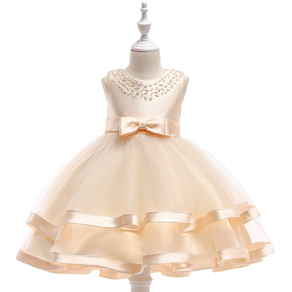 Kayannuo Princess Dresses for Girls Back to School Girls Dresses Toddler Girls Solid Color Pearl Net Yarn Bowknot Birthday Party Flowers Gown Kids Dresses