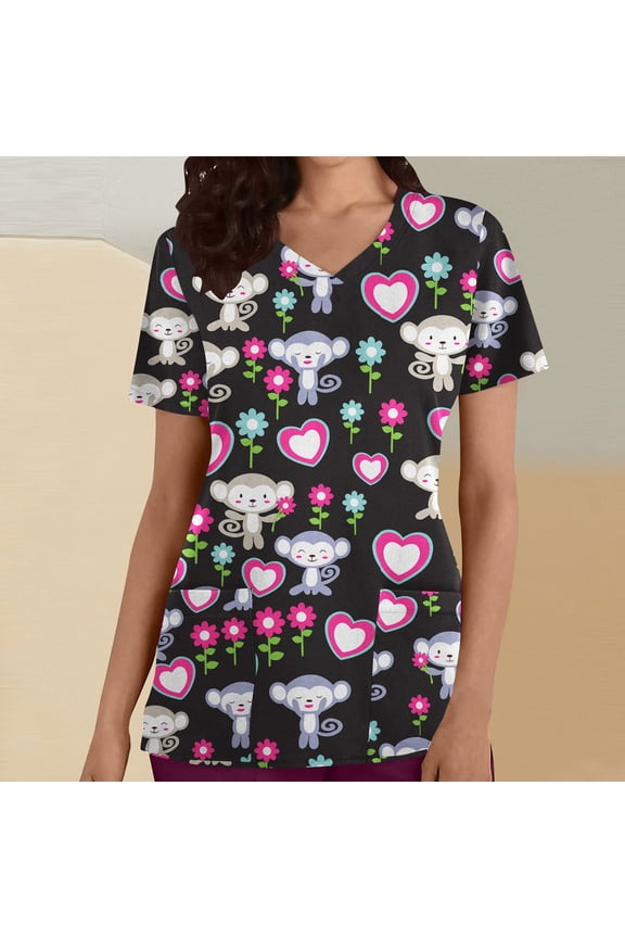 Print Nursing Uniforms Scrub for Women Short Sleeves Women Scrubs Tops Fashion Woman Solid V--Neck T-Shirt Printing Loose Blouse Tops