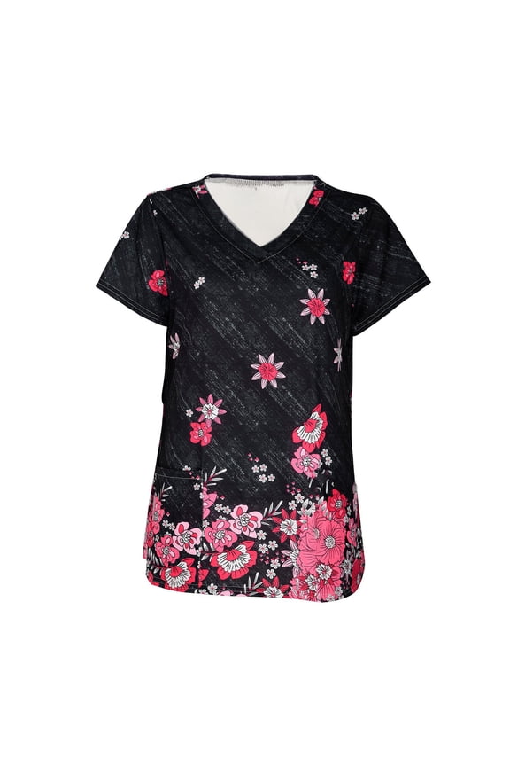Print Nursing Uniforms Scrub for Women Ladies Short Sleeve V-neck Pocket Workwear