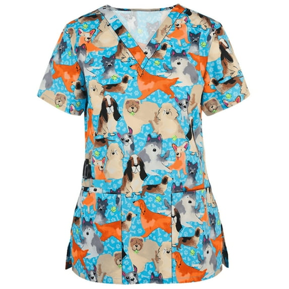 Kayannuo Print Nursing Uniforms Scrub for Women Clearance Women Short Sleeve V-neck Tops Uniform Printed Pockets Blouse Nursing