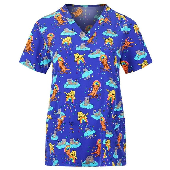 Kayannuo Print Nursing Uniforms Scrub for Women Women Short Sleeve V-neck Tops With Pockets Working Uniform Workwear