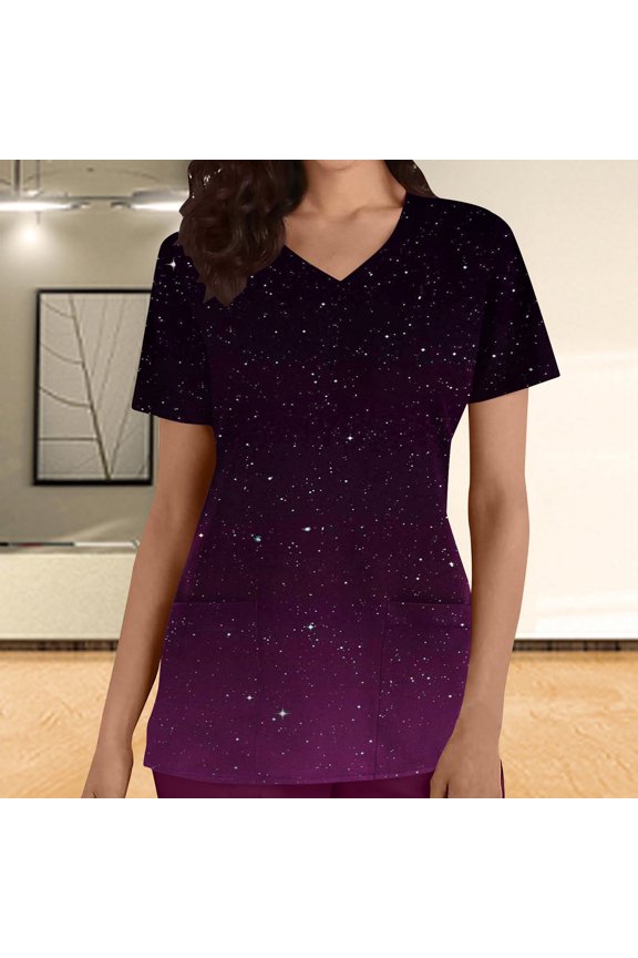 Print Nursing Uniforms Scrub for Women Fashion Woman Print V-Neck Short Sleeve T-Shirt Printing Loose Blouse Tops