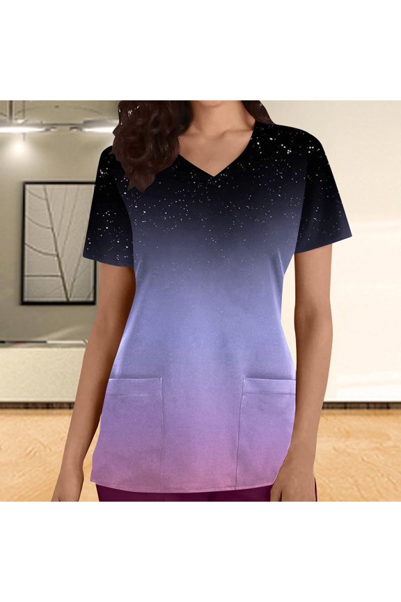 Print Nursing Uniforms Scrub for Women Fashion Woman Print V-Neck Short Sleeve T-Shirt Printing Loose Blouse Tops